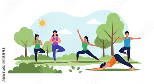 Group Enjoying A Yoga Session Outdoors In A Serene Natural Setting