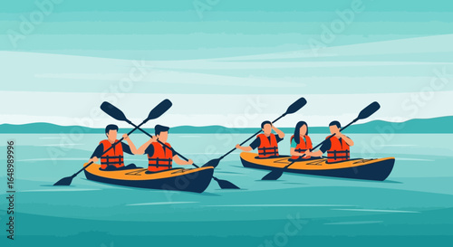 Group kayaking adventure on a tranquil lake offers a refreshing escape into nature