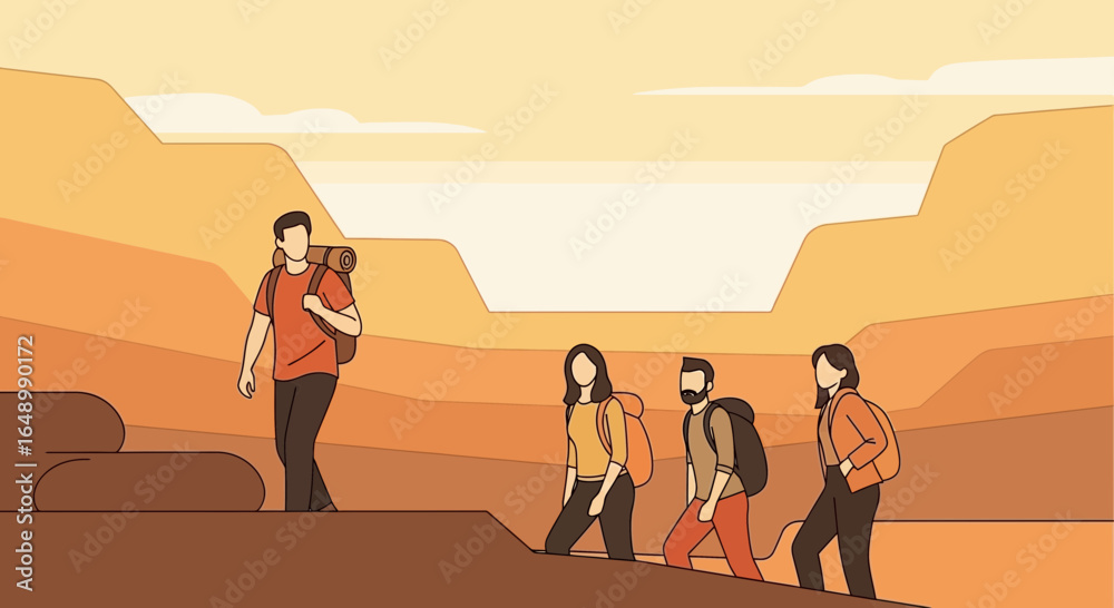 Fototapeta premium Group Of Friends Hiking And Trekking In The Mountains During Sunset