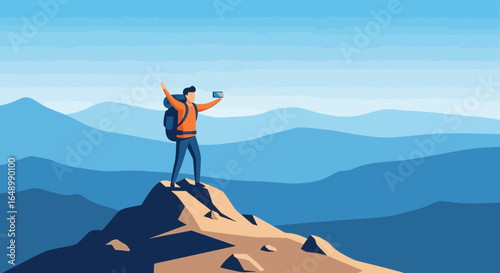 Hiker on mountain peak taking a selfie with a vast mountain range backdrop providing a sense of achievement and exploration
