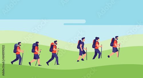 Group Of Friends Enjoying Hiking Adventure In Nature On A Sunny Day
