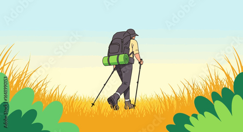 Hiker On Trail Enjoying Scenery With Backpack And Trekking Poles In Nature