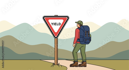 Hiker Pausing At Yield Sign On Hiking Path With Mountain Backdrop