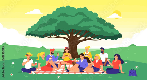 Group Of Friends Having Relaxing Picnic Outdoors In The Park At Sunny Day