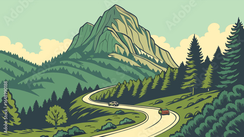 Mountain road trip scenic drive landscape illustration with cars and green forest trees view art