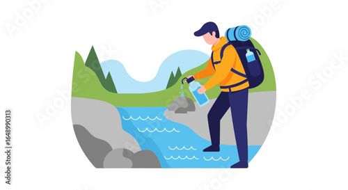 Hiker Refilling Water Bottle From Stream During Adventure Expedition
