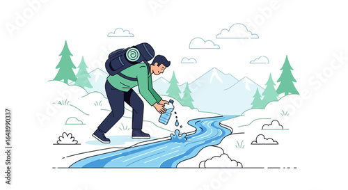 Hiker Refreshing Water Supply From Mountain Stream On Adventure Trip Illustration