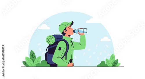 Hiker Refreshing With Water During Outdoor Adventure Exploration In Nature