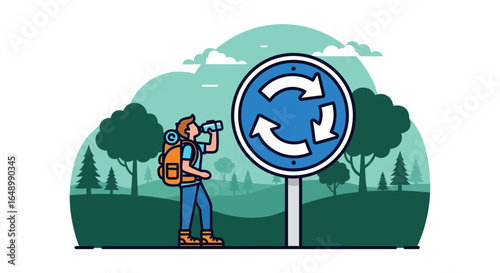 Hiker Refreshing Near Recycling Sign In Nature Illustration For Sustainable Environment