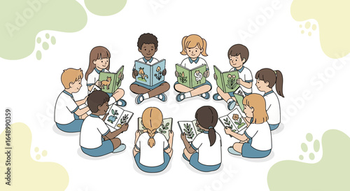 Group Of Kids Sitting And Reading Books Together In Circle Cartoon Vector