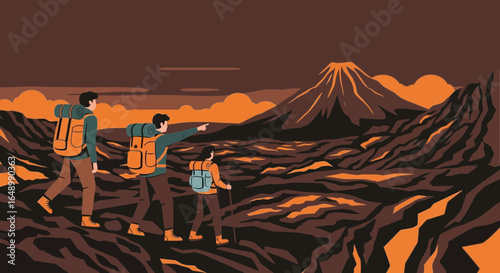 Group Of People Trekking In The Mountains With Volcano On Background
