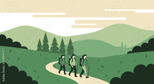 Group Of People Hiking Through A Serene Mountain Landscape Illustration