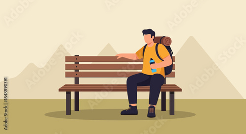 Hiker Relaxing on a Park Bench with Mountain Views in the Background Illustration