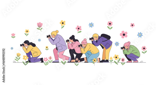 Group Of Photographers Capturing Flowers In A Field On A Sunny Day