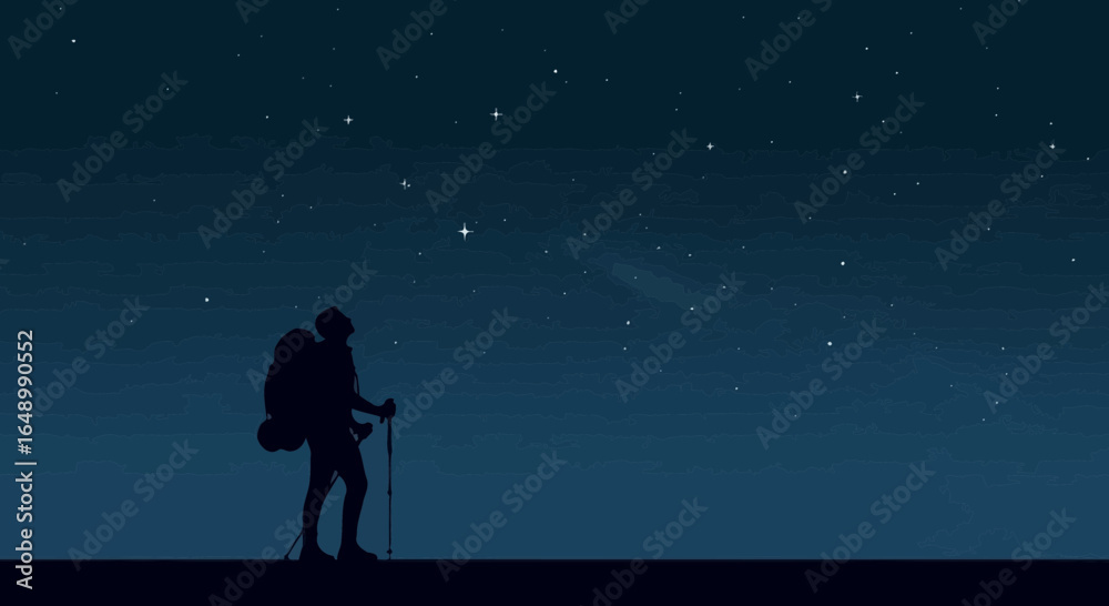 Obraz premium Hiker Silhouette Contemplates Starlit Sky On Night Adventure Vector Illustration