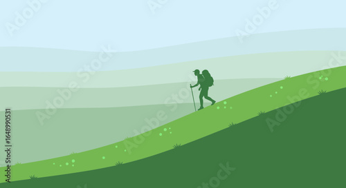 Hiker Silhouette Ascending A Verdant Hill In A Tranquil Nature Scenery