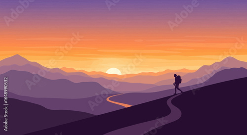 Hiker Silhouette Ascending Mountain Trail At Sunset With Atmospheric Perspective