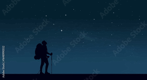 Hiker Silhouette Contemplates Starlit Sky On Night Adventure Vector Illustration