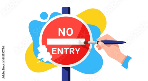 Hand Painting Over A 'No Entry' Sign Represents Redefining Boundaries Concept