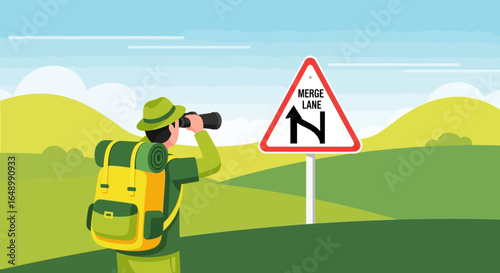 Hiker Using Binoculars Observes Merge Lane Road Sign in Cartoon Green Landscape