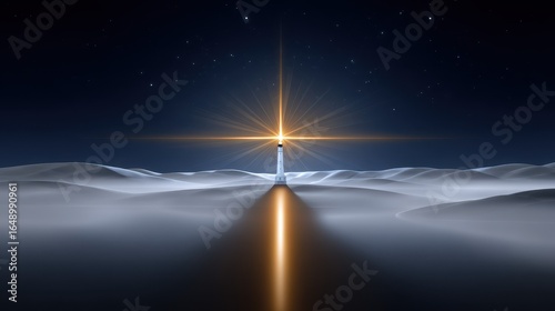 A stunning lighthouse shining brightly over serene, misty waves at night.