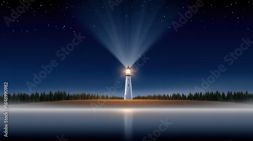 Majestic lighthouse illuminating a serene night sky with stars and fog.