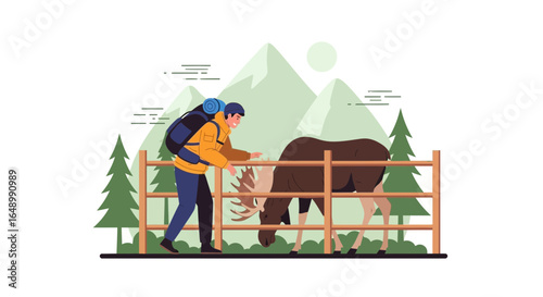 Hiker Watches a Moose Behind the Fence in Flat Vector Illustration