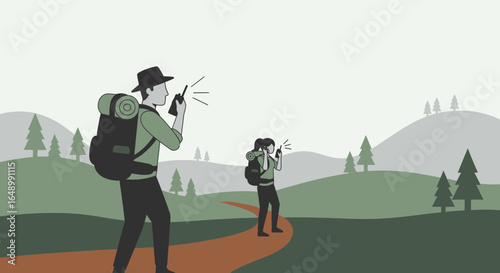 Hikers communicating with walkie-talkies on a scenic trail with pine trees and hills