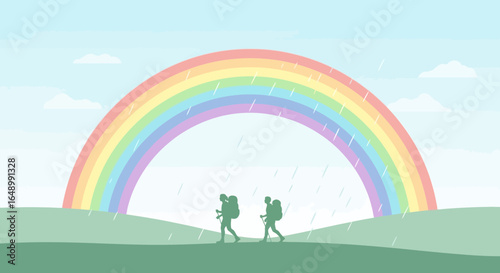 Hikers In Serene Nature Enjoying The Landscape After Rain With Rainbow