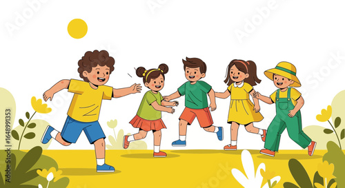 Happy Children Playing Tag Outside on A Sunny Day Together Vector Illustration