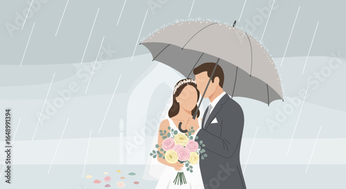 Happy Couple Getting Married in the Rain Holding an Umbrella With Flowers