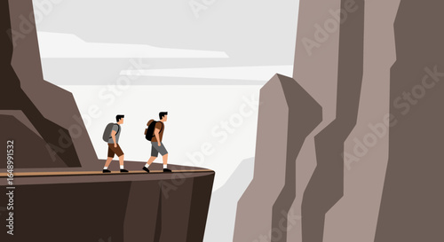 Hiking Adventure Of Two Friends On Mountain Peak With Backpacks And Rocky Terrain