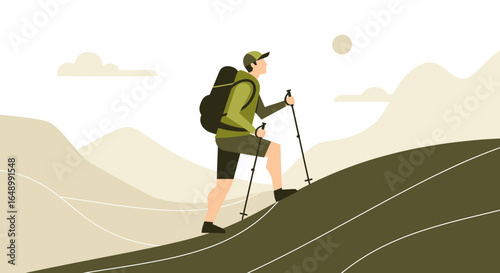 Hiking Adventure On Scenic Mountain Trail With Backpack And Trekking Poles