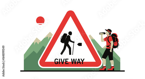 Hiking Adventure Signpost With Hiker Enjoying The Scenery During A Mountain Expedition