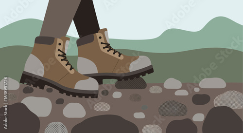 Hiking boots illustration with mountain backdrop ready for outdoor adventures, perfect for travel and active lifestyle content