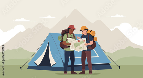 Hiking Couple Checking a Map Next to Their Tent in a Mountain Landscape