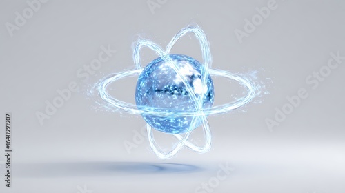 A glowing atomic model hovering in space on a white background -
