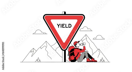 Hiking With Yield Sign Rest Stop In Mountainous Area Vector Illustration