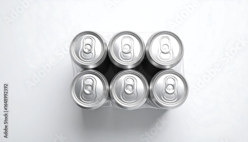 Six Pack of Silver Aluminum Cans on White Background, Top View