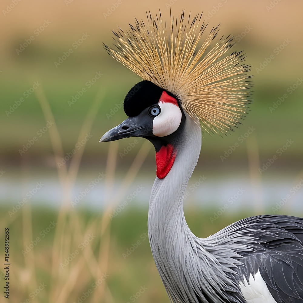 Fototapeta premium Close-up of Grey Crowned Crane's Head and Feathers