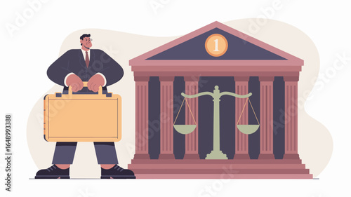 lawyer with a briefcase standing in front of a courthouse vector illustration