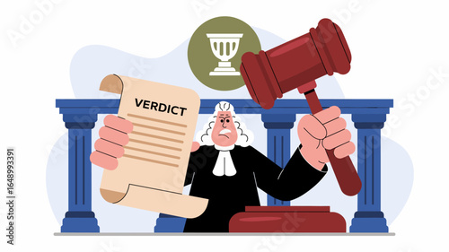 judge in a wig holding a gavel and a verdict document in court vector illustration 
