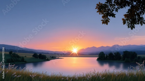 Scenic dawn with mountains reflecting on tranquil lake waters.
