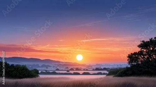 Beautiful sunrise over a misty valley, with vibrant orange and purple hues in the sky.