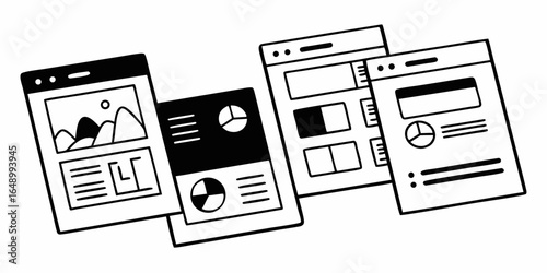 Four stylized browser windows displaying various charts and data visualizations shown in black and white