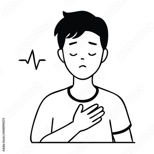 Young man with chest pain and heartbeat line health