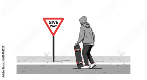 Hooded Skater Beside the Give Way Sign Standing on the Street Walking Ahead