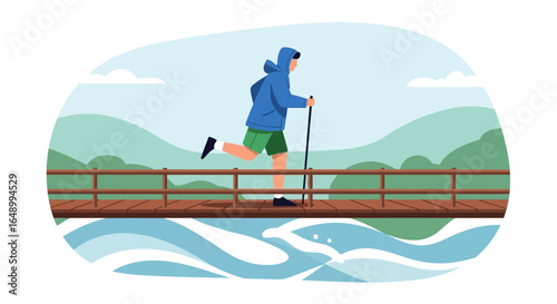 Hooded Figure Nordic Walking On A Bridge Amidst Serene Natural Landscape