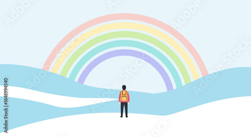 Hopeful journey: A traveler looks towards a colorful rainbow, representing optimism and new beginnings in a serene landscape