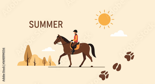 Horseback Riding On A Sunny Day In Summer Vector Illustration